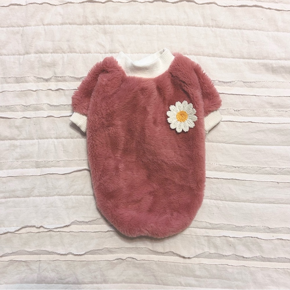 Adorable Pink Fuzzy Dog Sweater with Daisy Patch